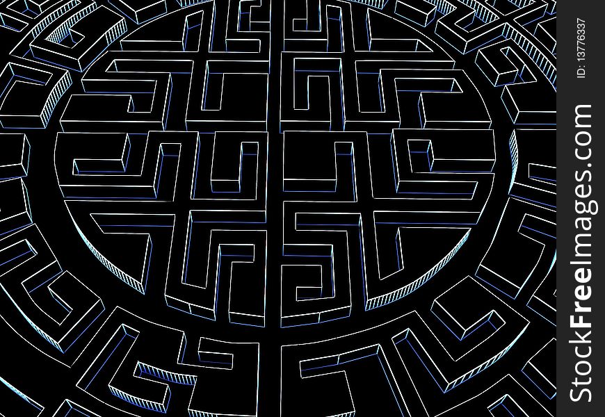 Round labyrinth. Done in luminous lines on a black background