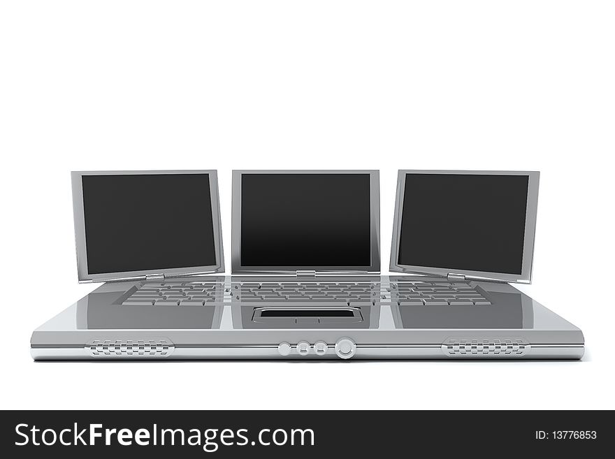 Laptop with three screens. Isolated. Concept render. Laptop with three screens. Isolated. Concept render