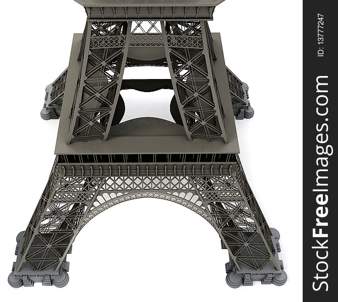 Eiffel tower isolated on white. Computer graphics. Top view. Closeup