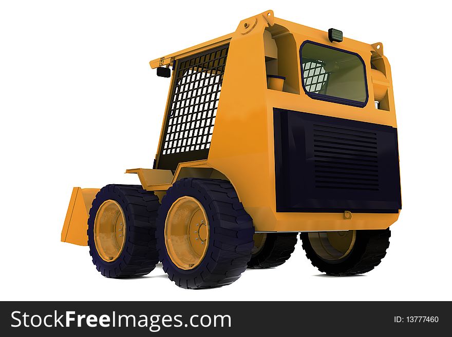 Orange bulldozer on wheels isolated on white. Back view