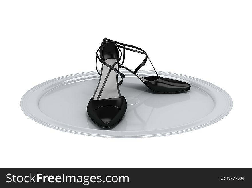Two white female's shoes isolated on white reflect plate