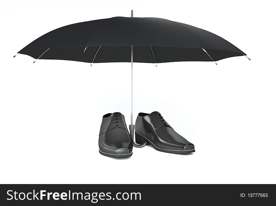 Men's black shoes under the black umbrella. Isolated on white. Men's black shoes under the black umbrella. Isolated on white