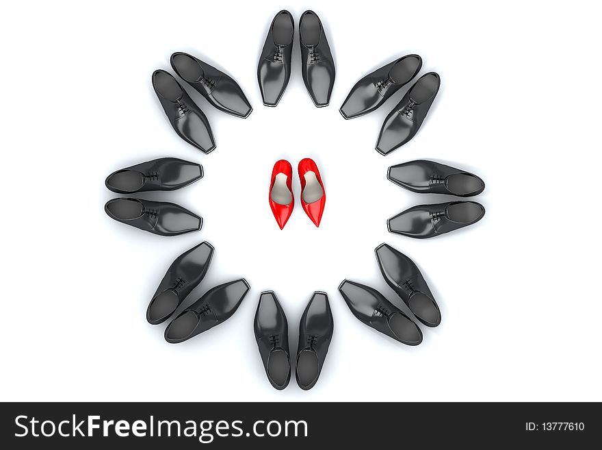 Men's black shoes placed around women's red shoes