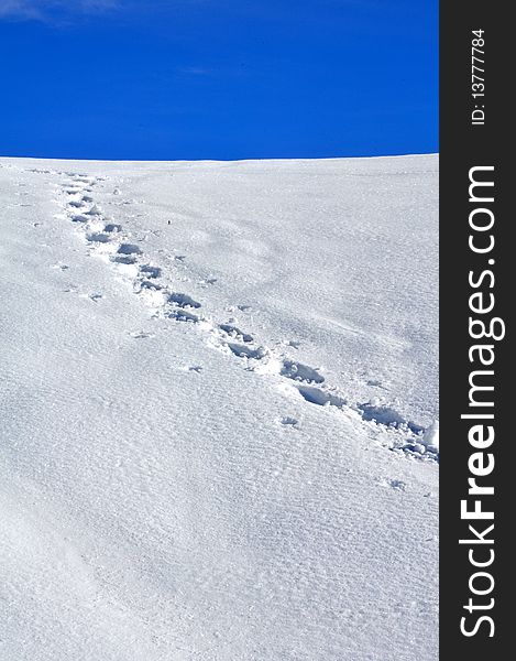 A steps drawn in the beautiful white snow going up to a very blue sky. A steps drawn in the beautiful white snow going up to a very blue sky