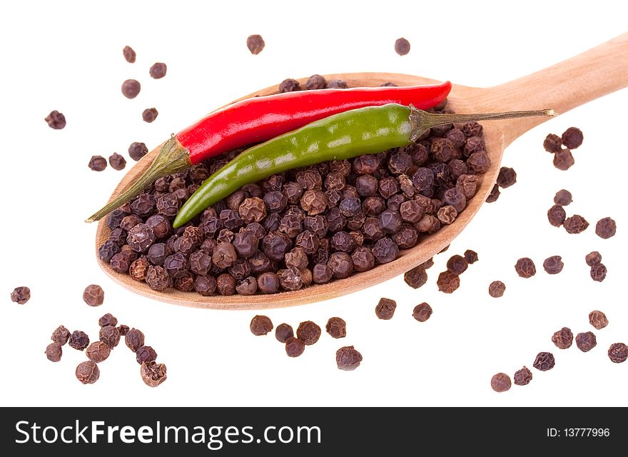 Spices in a wooden spoon isolated on white background