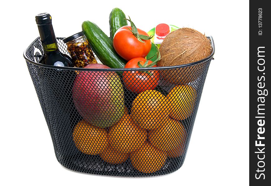 Basket full of fresh colorful vegetables isolated on white background. (A shopping)