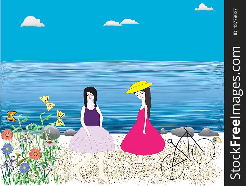 Two beautiful girls at seaside illustration. Two beautiful girls at seaside illustration