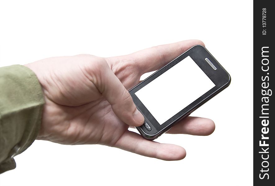 The hand holding a cell phone touchscreen. White background. White screen of the device. Isolation.