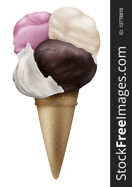 Illustration of a realistic ice cream cone, isolated on white background. 4 flavours. Illustration of a realistic ice cream cone, isolated on white background. 4 flavours