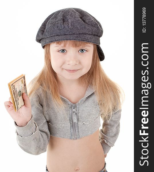 Gavroche. Friendly girl in walking clothing with money. Gavroche. Friendly girl in walking clothing with money