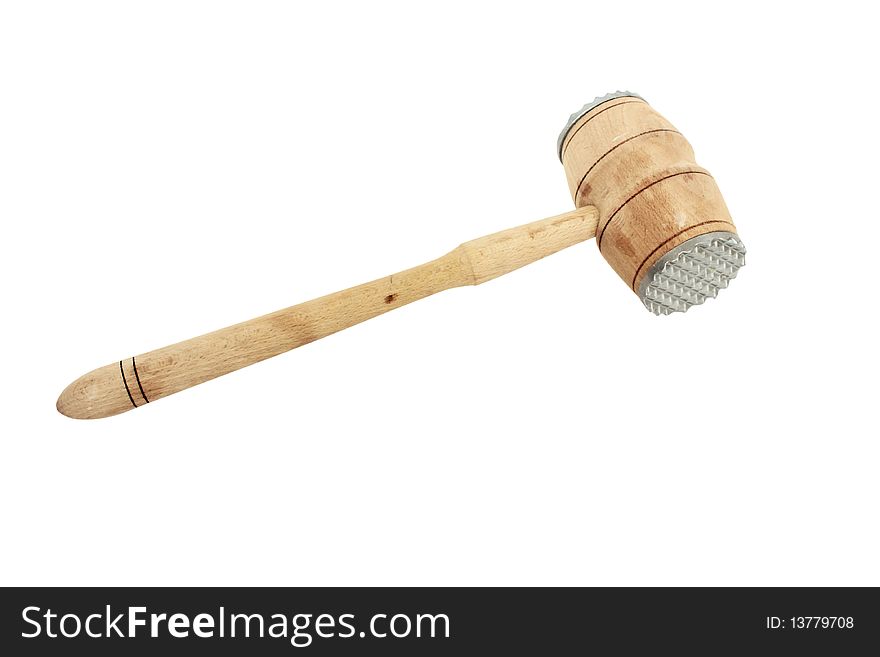 Used wooden meat hammer isolated on white. Used wooden meat hammer isolated on white