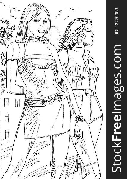 Two young girls and south evening, country town, vacation, recreation, pencil drawing
