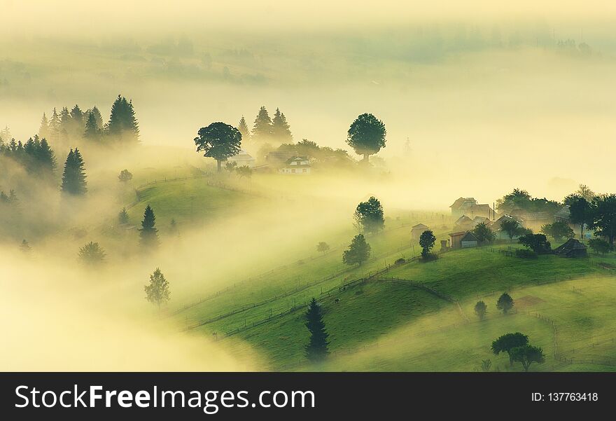 Landscape Of Summer Mountains At Sunrise.