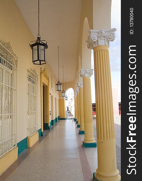 Building facade with ionic columns in Santa Clara city, Cuba