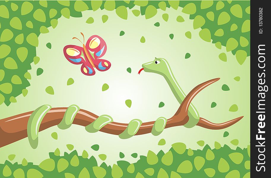 Snake coiled around a branch and can not catch a butterfly. Snake coiled around a branch and can not catch a butterfly.