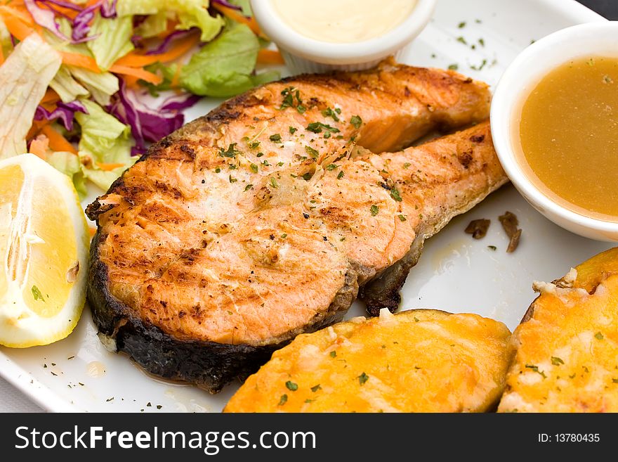 Baked Salmon With Hot Dip And Salad