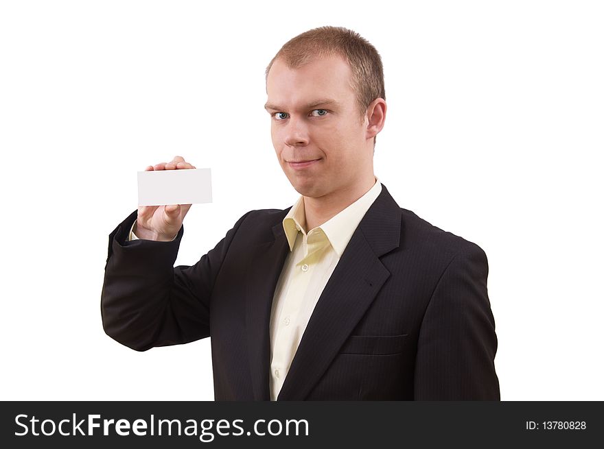 Young businessman in suit holding visit card in his hand, , isolated on white. Young businessman in suit holding visit card in his hand, , isolated on white