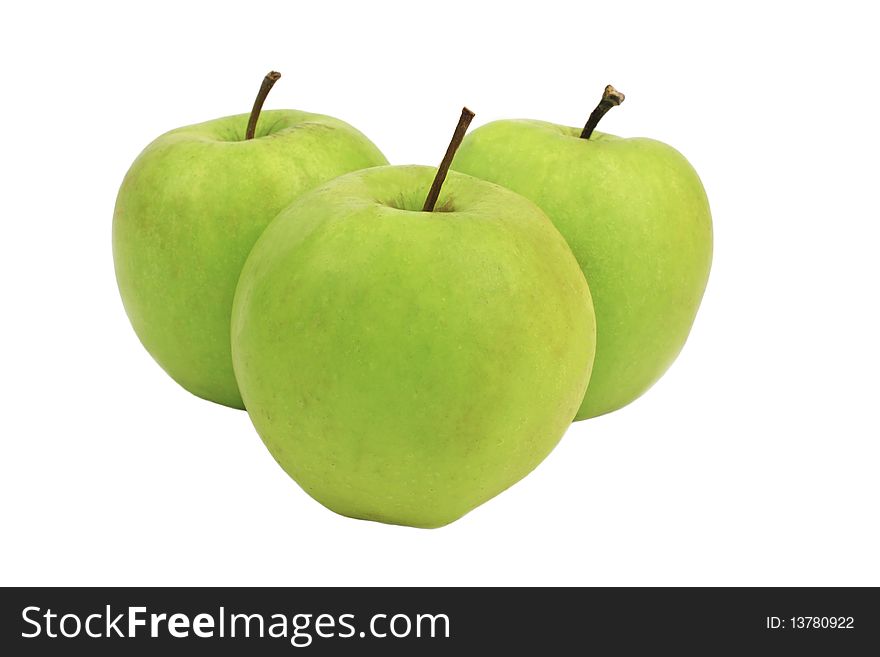 Three juicy green apples on a white background