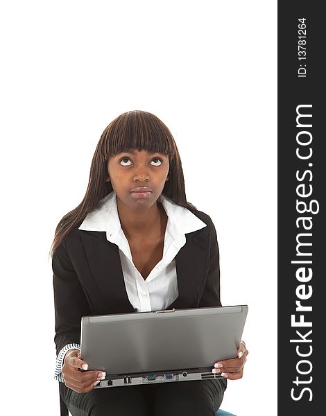 Young black female with laptop looking up for help