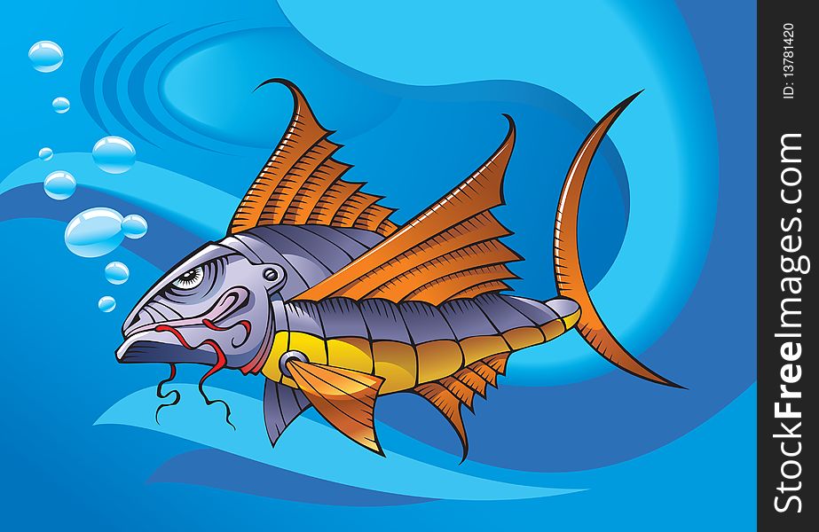 Mechanical robot fish, ocean background, vector illustration. Mechanical robot fish, ocean background, vector illustration