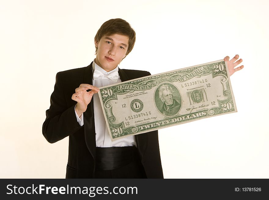 A young man with large banktotoy on a white background