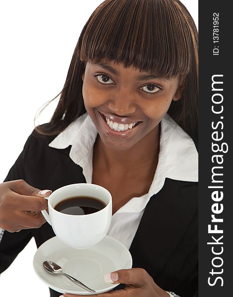 Young black female professional drinking a cup of coffee and smiling