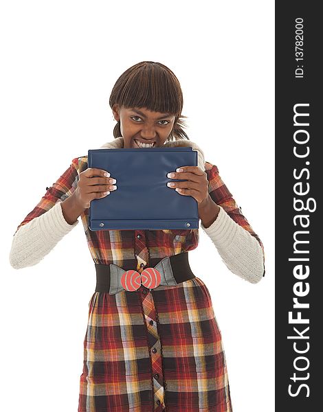 Young black female student frustrated and clutching handbook isolated