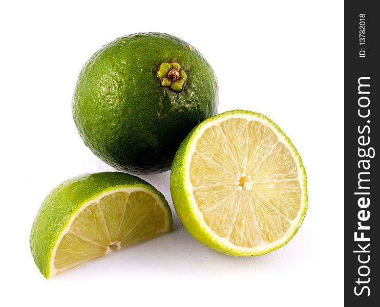 Lime Whole Half and Quarter on Isolated White Background