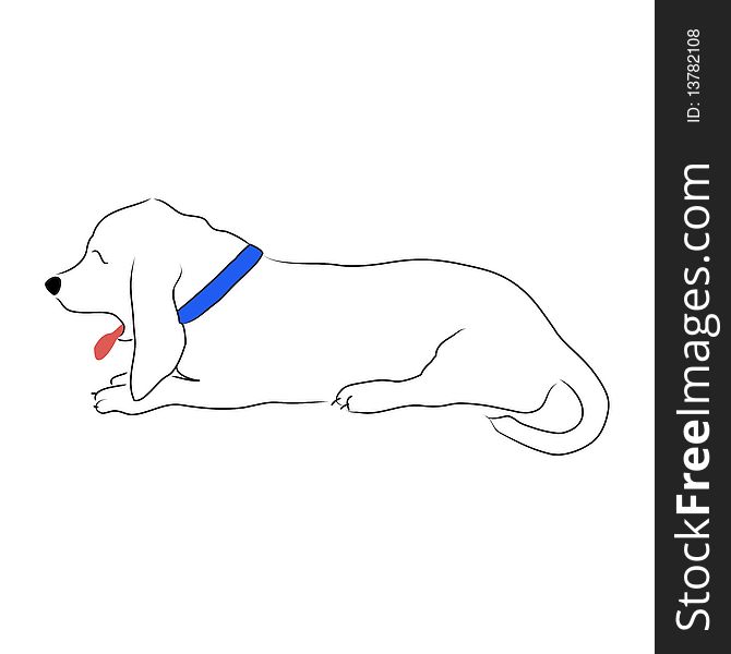 A cartoon style drawing of a sleepy yawning Basset Hound with a blue collar.