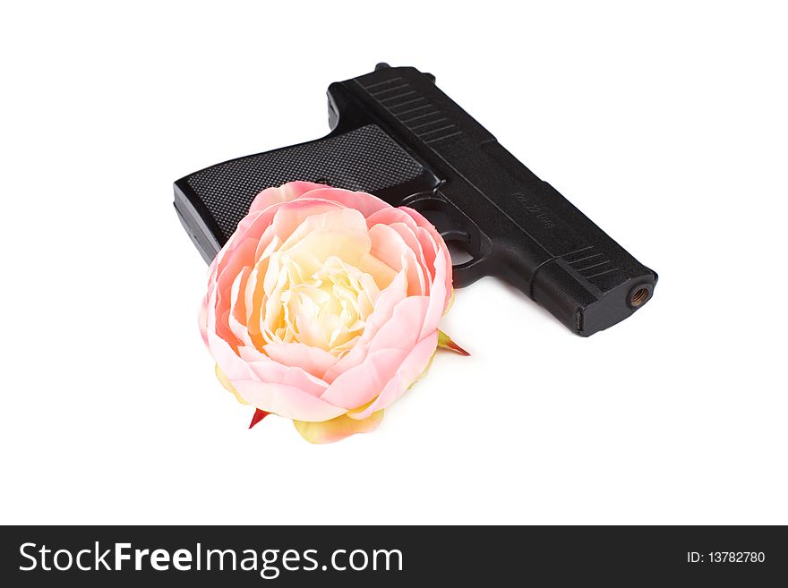 Closeup of pistol and flower isolated over white background. Closeup of pistol and flower isolated over white background