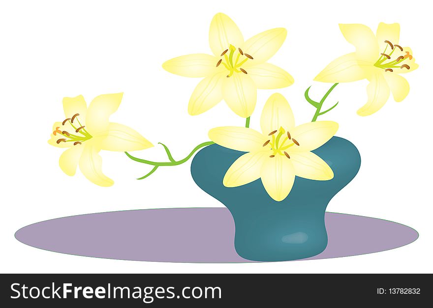 Light yellow lilies in a 3d blue vase and violet oval below with white background. Light yellow lilies in a 3d blue vase and violet oval below with white background.