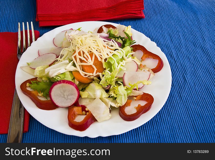 Red and blue table setting, light organic salad