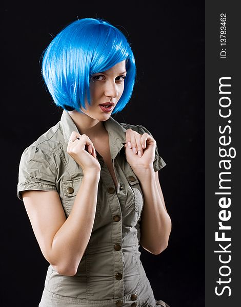 Woman in blue wig