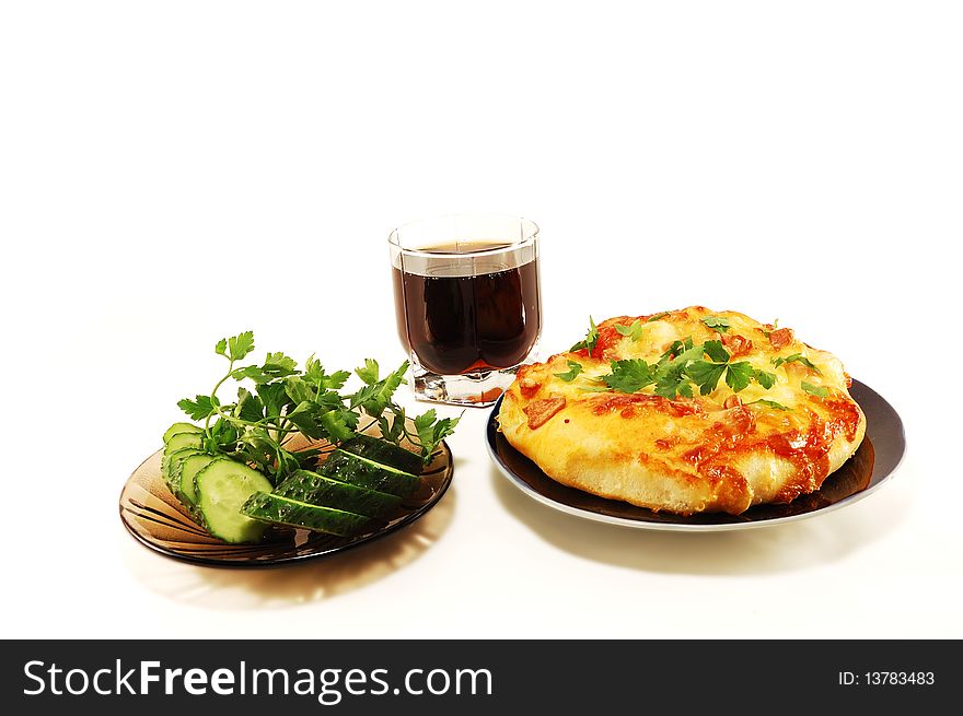 Pizza with cucumber, and drink on a white background