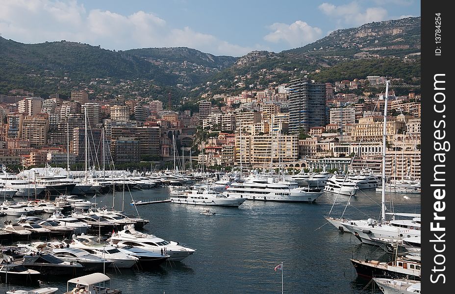 Panoramic view of the harbor in Monaco. French Riviera, Mediterranean Sea, France, Europe. Panoramic view of the harbor in Monaco. French Riviera, Mediterranean Sea, France, Europe