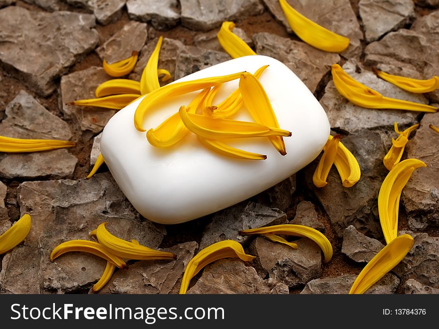 Soap and yellow petals on the rocks