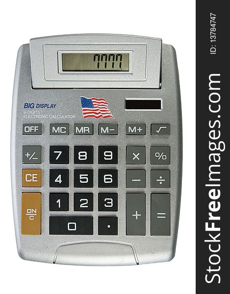 Big display calculator with American flag - isolated on white