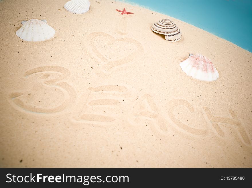 Beach handwritten in sand and seashells
