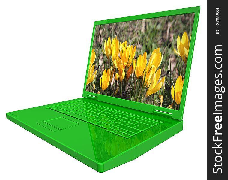 Green spring laptop isolated on white.
