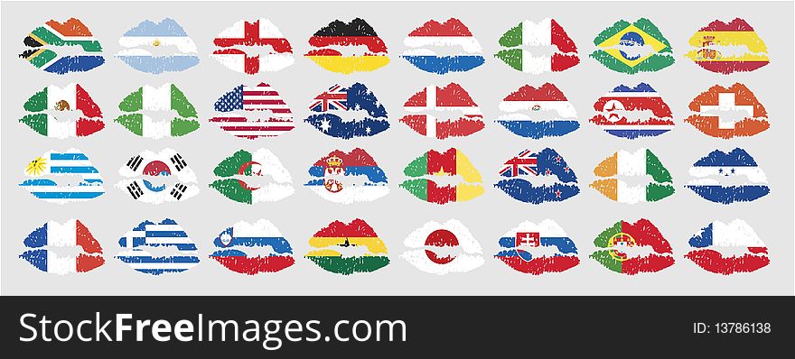 National flags of countries starting with south africa in lip shape with no additional effect