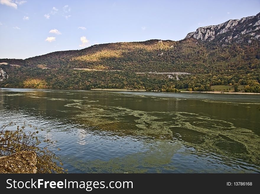 A Danube and mountain landscape. A Danube and mountain landscape