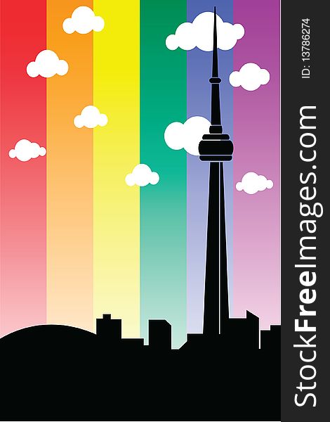 Silhouette of cn tower on a rainbow flag. Silhouette of cn tower on a rainbow flag