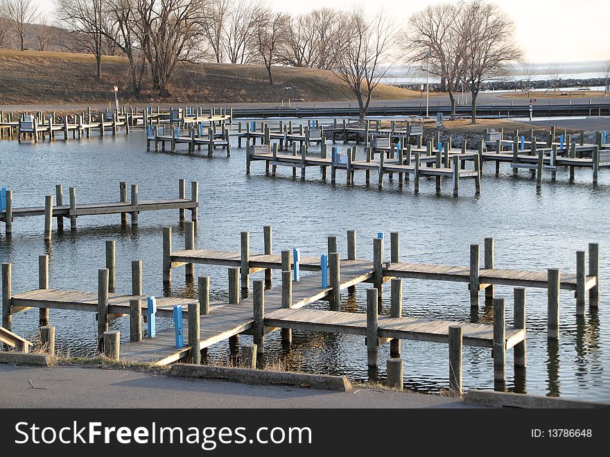 Lots of docks and piers sit empty awaiting boating season.