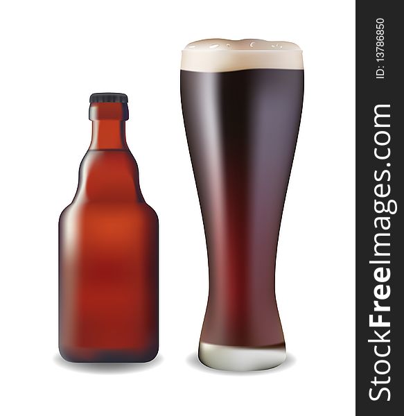 Beer bottle and glass. Vector illustration. Contains mesh. Beer bottle and glass. Vector illustration. Contains mesh.