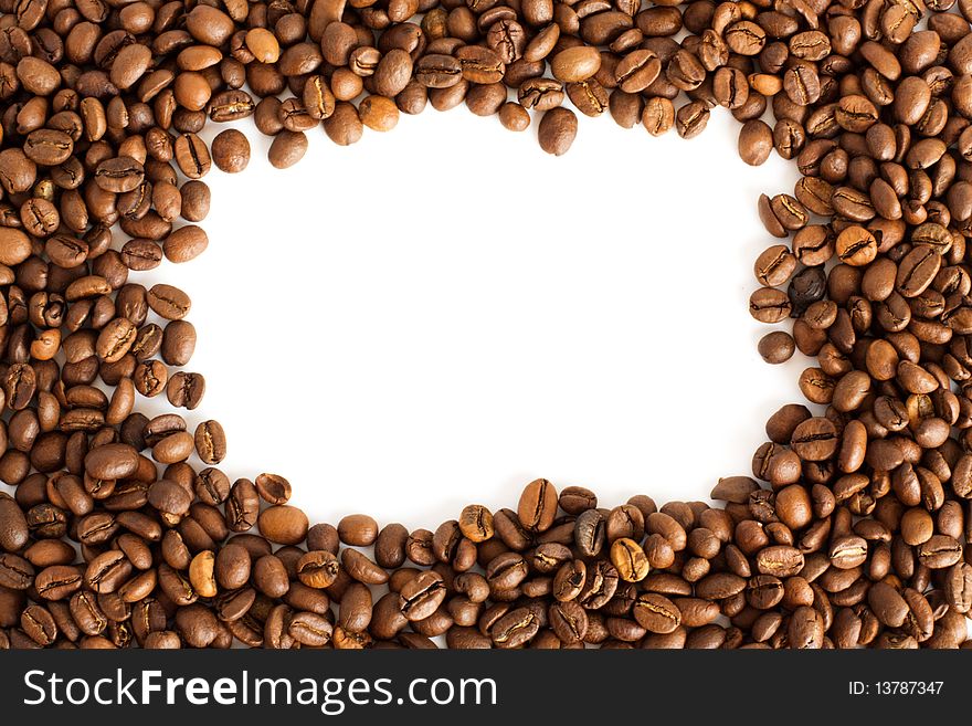 Frame of coffee beans isolated on white background