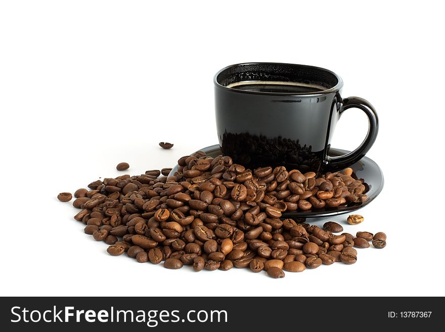 Black cup of coffee and coffee beans isolated on white background