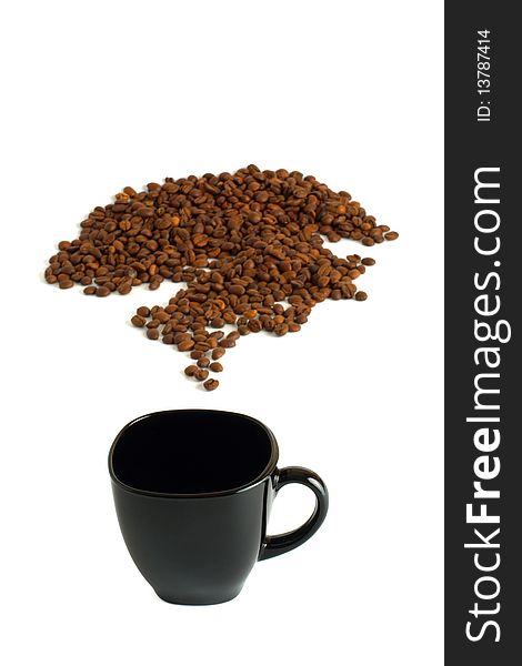 Black cup and coffee beans isolated on white background