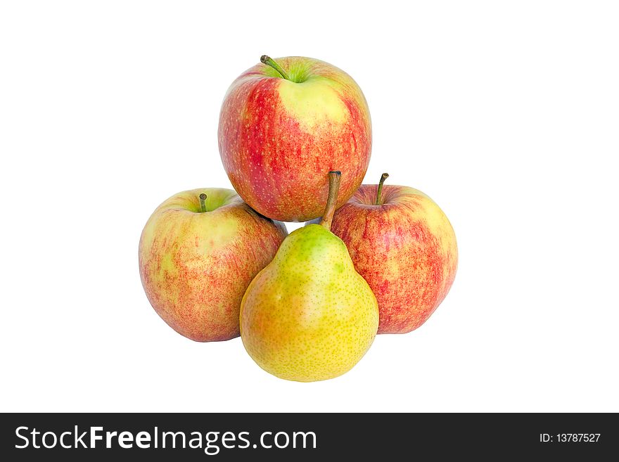 Three apples and pears, isolated on a white background.