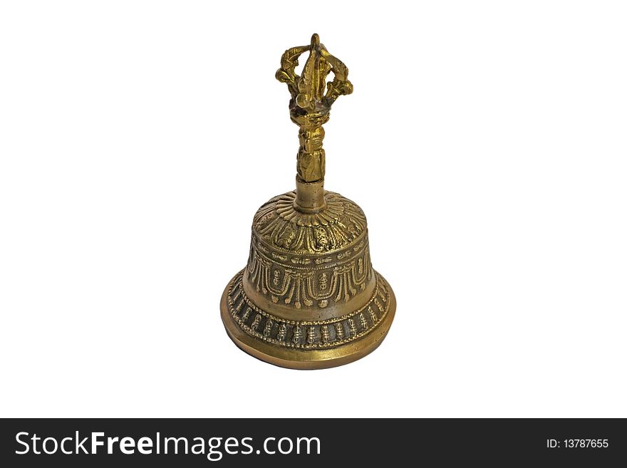 A slightly used looking brass hand bell, isolated on a white background. A slightly used looking brass hand bell, isolated on a white background.