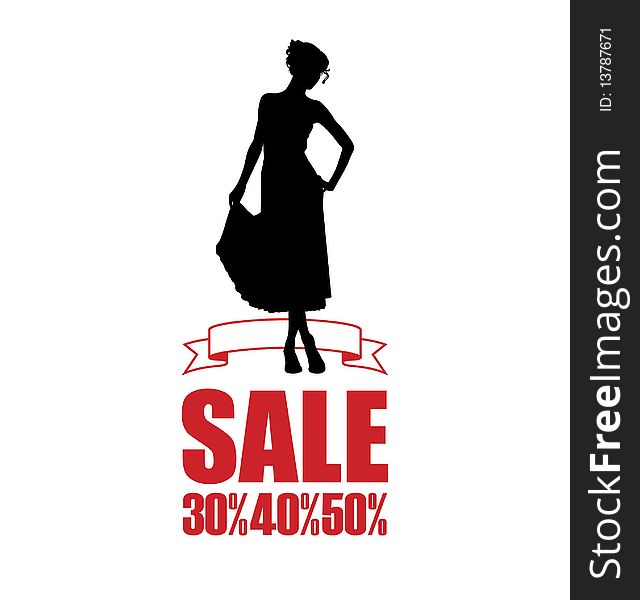 Arrangement with the female silhouette. A woman wearing a dress. Below is the inscription SALE. Arrangement with the female silhouette. A woman wearing a dress. Below is the inscription SALE.